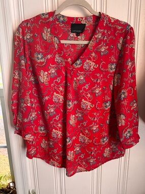 Cynthia Rowley Red Paisley V-Neck Long-Sleeve Blouse